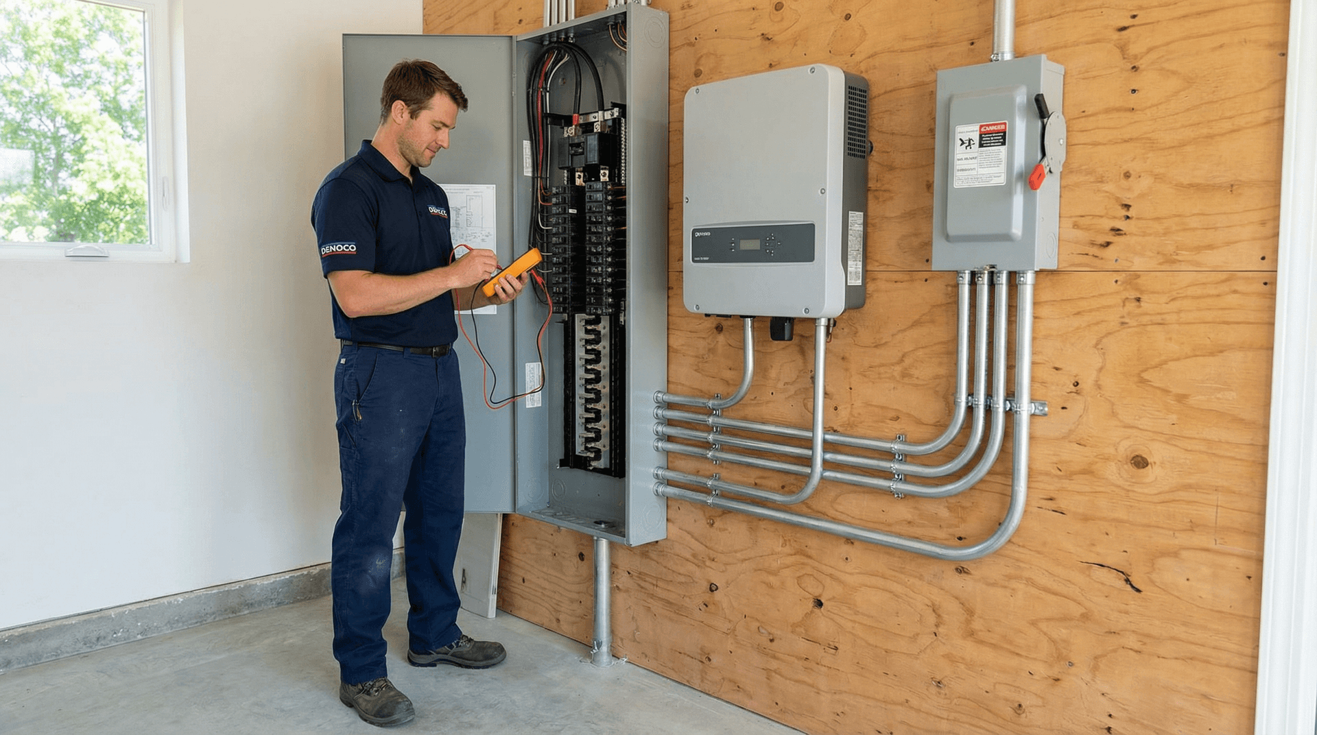 Denoco technician installing a solar inverter and net-metering disconnect near an electrical panel