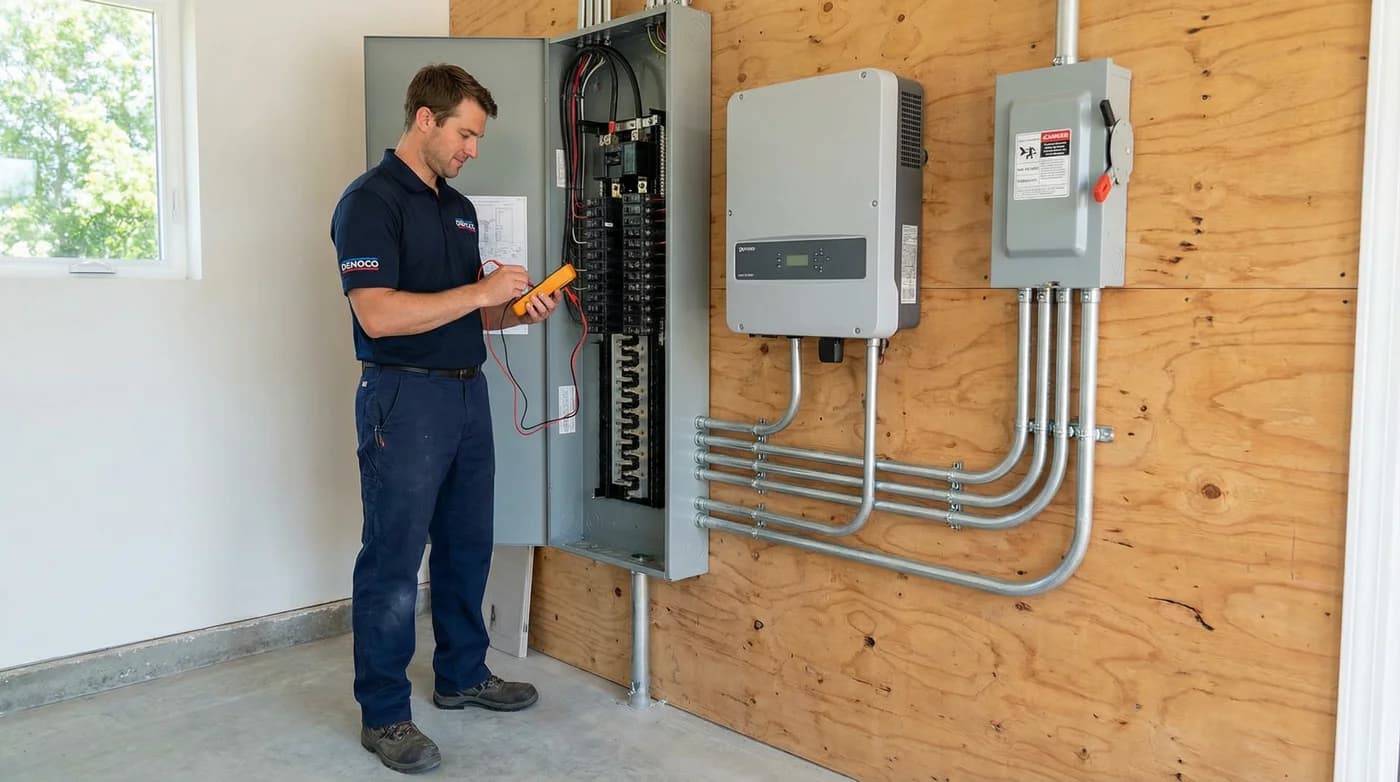 Denoco technician installing a solar inverter and net-metering disconnect near an electrical panel