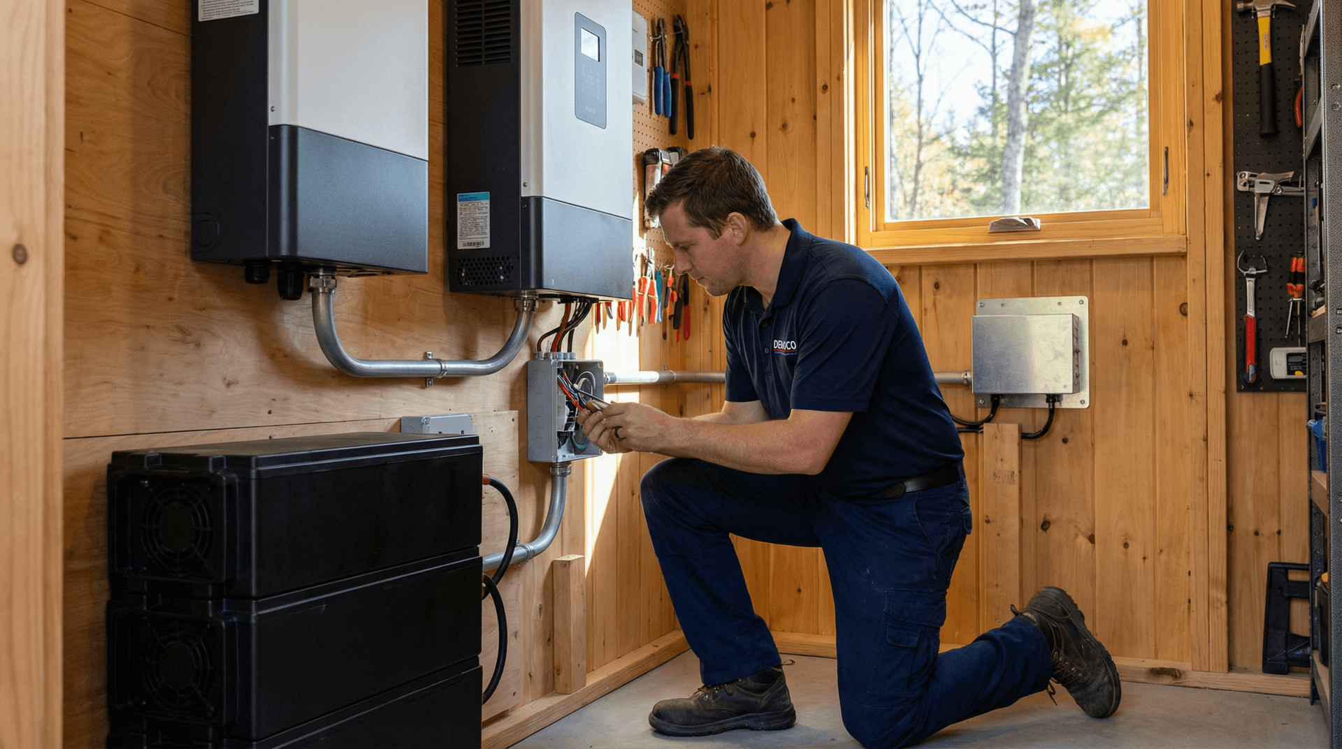 Denoco technician inspecting an off-grid solar battery and inverter system for an Eastern Ontario cabin