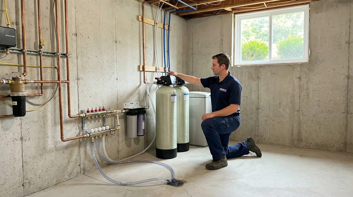Denoco plumber installing a whole-home water treatment system in South-Eastern Ontario