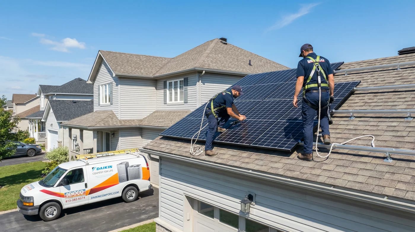 Denoco solar installation crew installing rooftop solar panels in South-Eastern Ontario